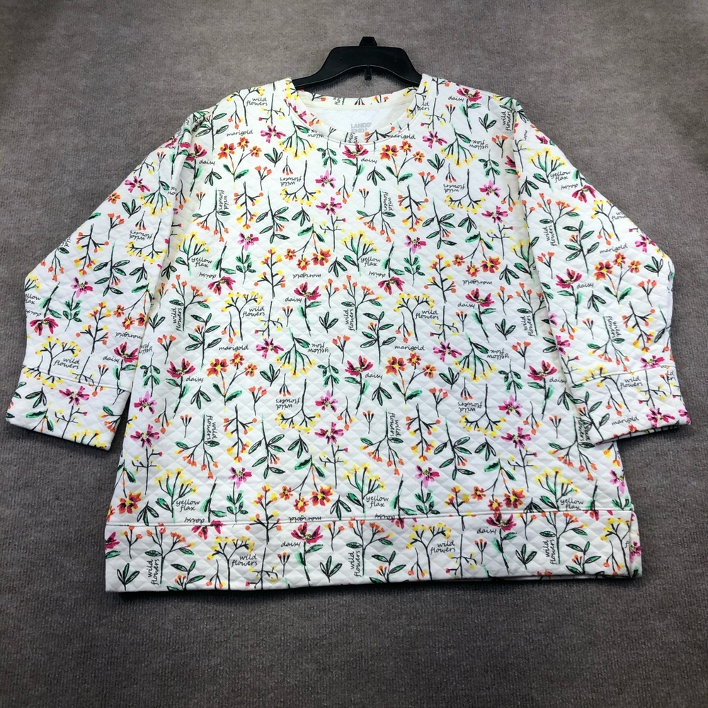 LANDS' END Ivory Floral Long Sleeve Sweatshirt Size L